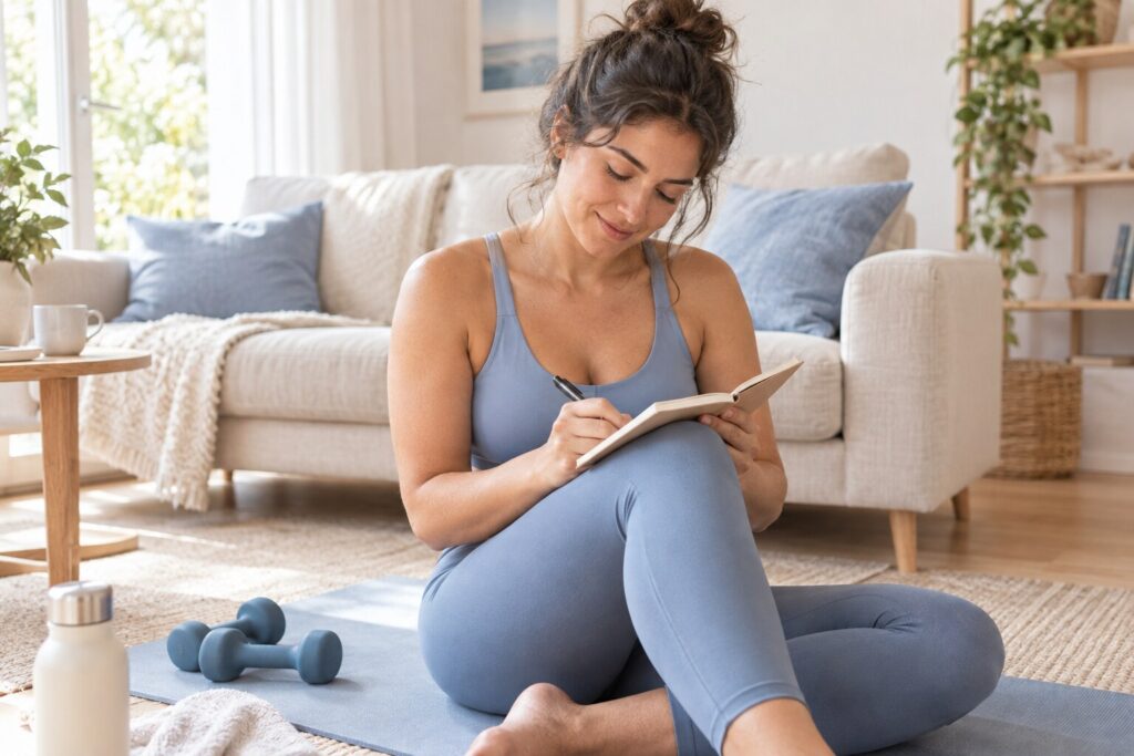Une femme en tenue de sport remplit son carnet près d’un tapis dans un salon lumineux.