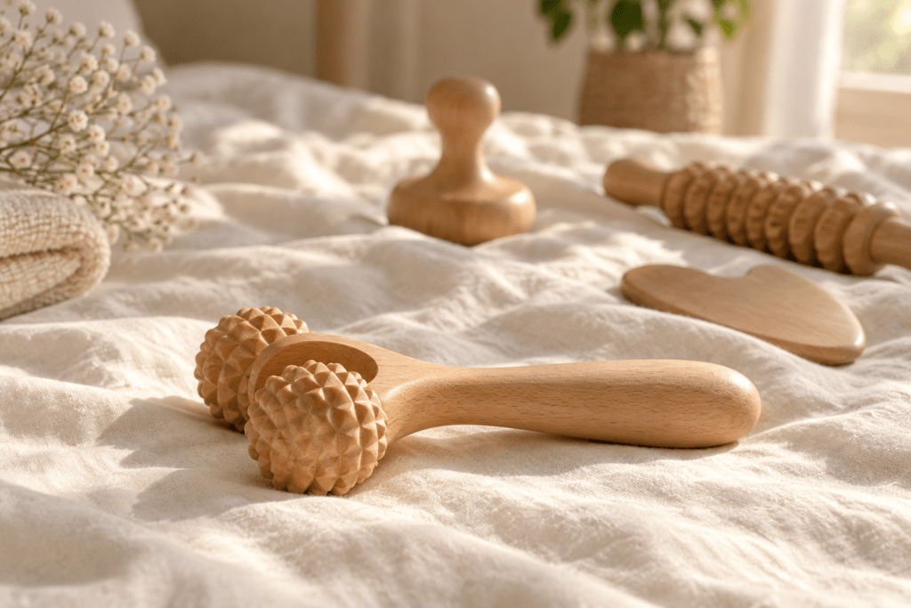 Outils de massage en bois clair posés sur un drap