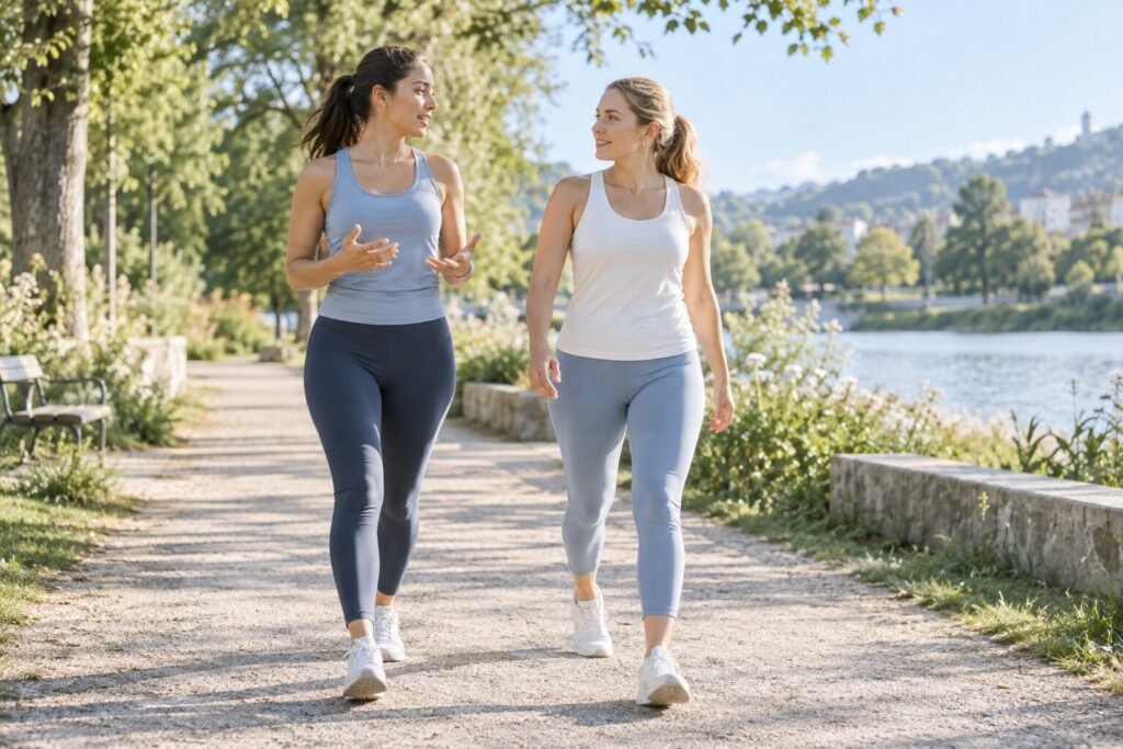 Deux femmes marchent d’un pas vif sur une allée de parc tout en échangeant quelques phrases.