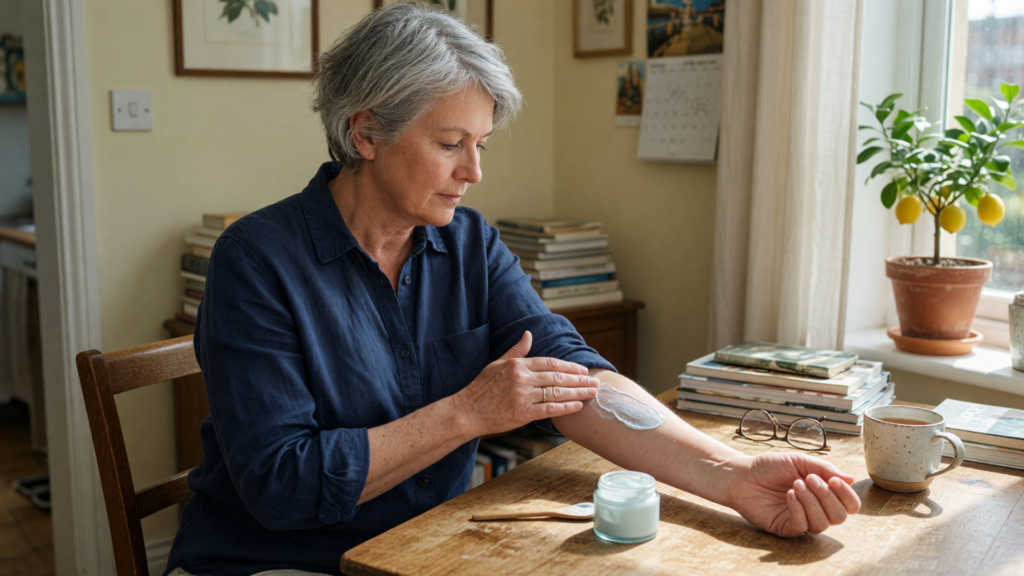 Une femme aux cheveux gris applique une crème sur son avant-bras, assise à une table en bois près d’une fenêtre, avec un pot sans étiquette devant elle.