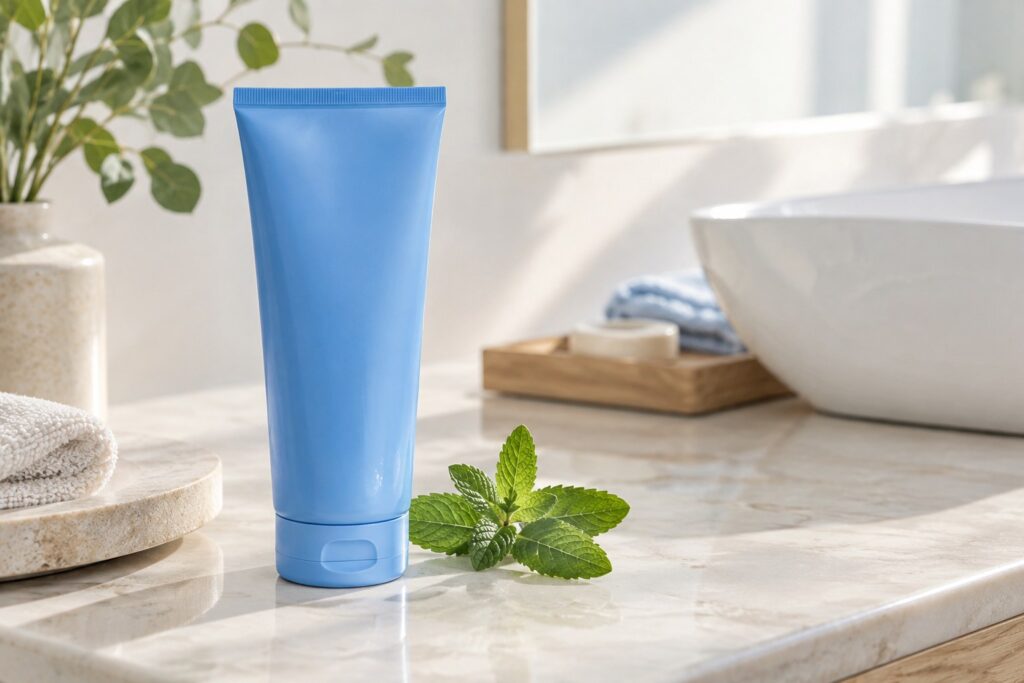 Blue tube and mint leaves on a bathroom counter.