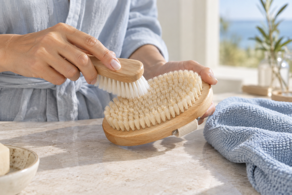 Brosse de massage à sec posée sur une serviette claire près d’un linge propre dans une salle de bains lumineuse