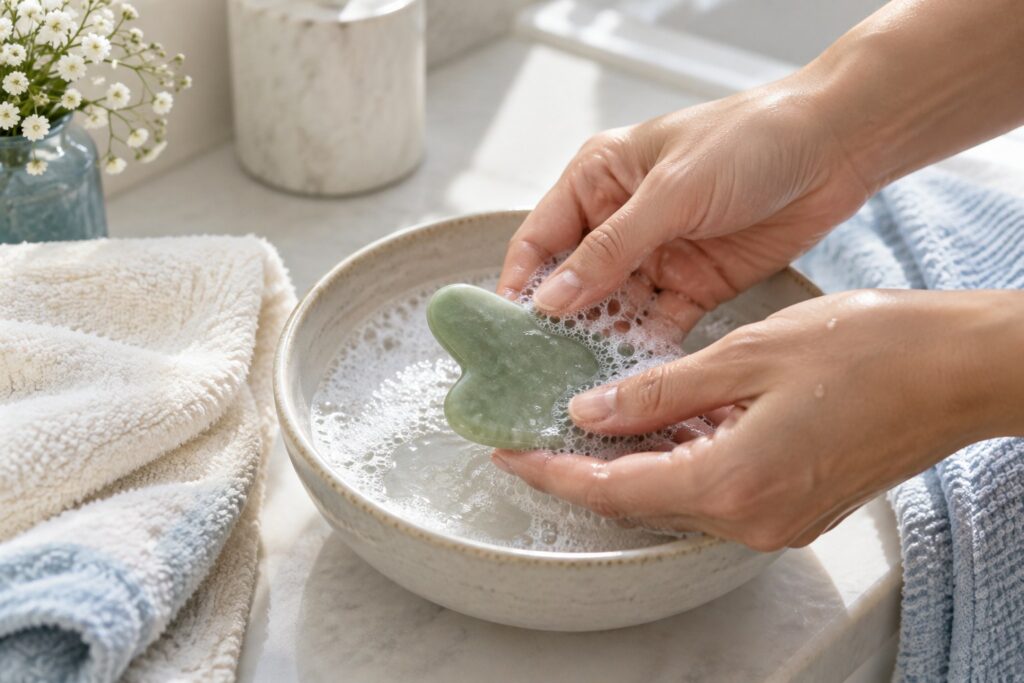 Manos lavando una piedra gua sha de jade con agua jabonosa junto a una toalla.
