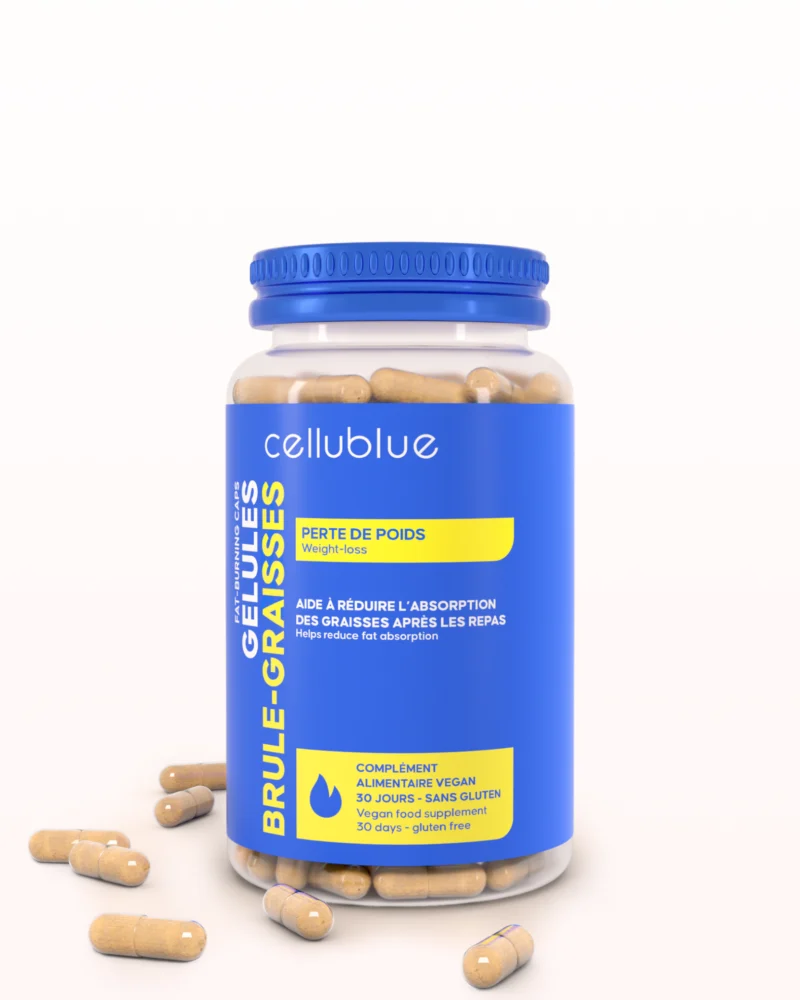Un flacon de gélules Cellublue, au bouchon bleu, avec quelques gélules à côté.
