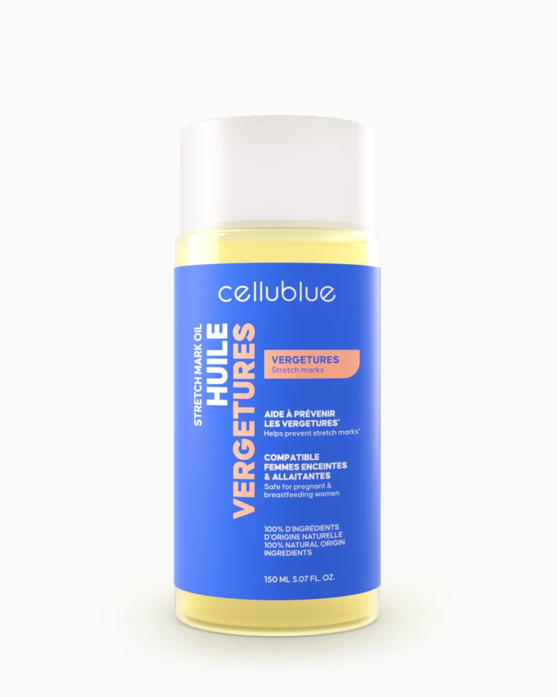 Flacon bleu d'huile vergetures Cellublue, bouchon blanc, avec l'huile jaune visible en haut et en bas.