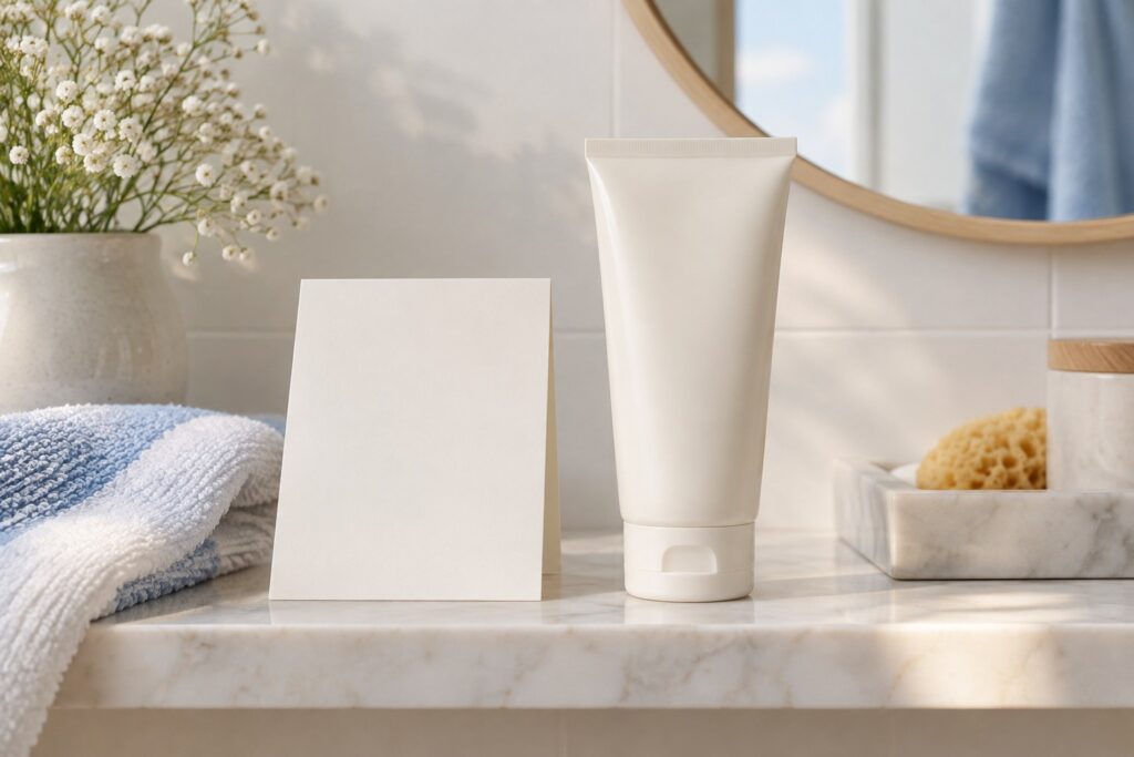 Tube de crème sans marque et carte vierge sur une étagère de salle de bain.