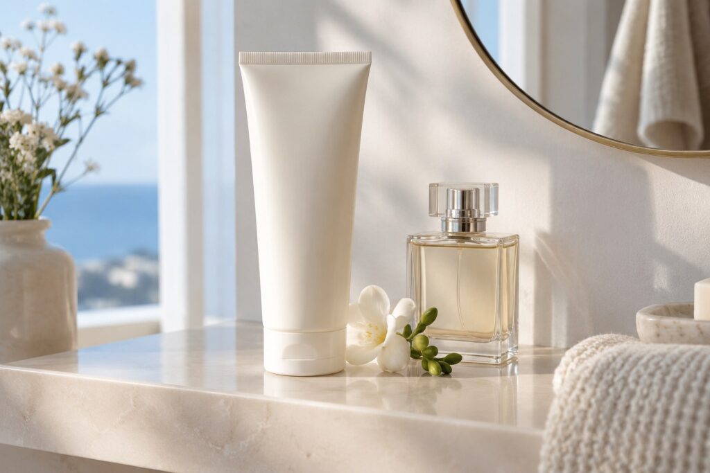 Tube de soin et flacon de parfum sans marque accompagnés de fleurs sur un comptoir.