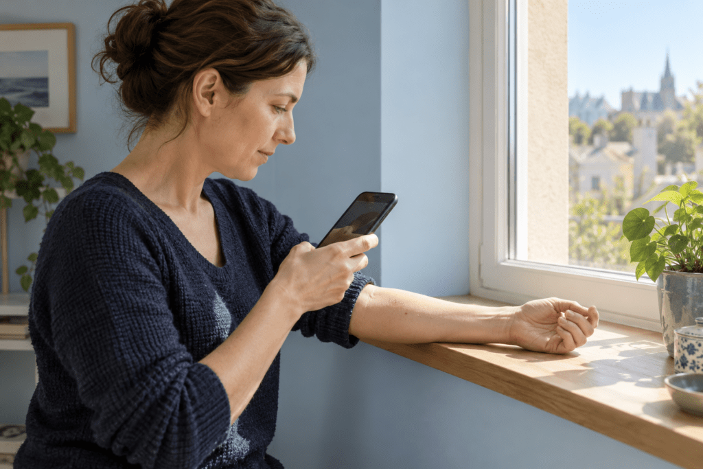 Femme photographiant son avant-bras près d'une fenêtre, écran du téléphone illisible