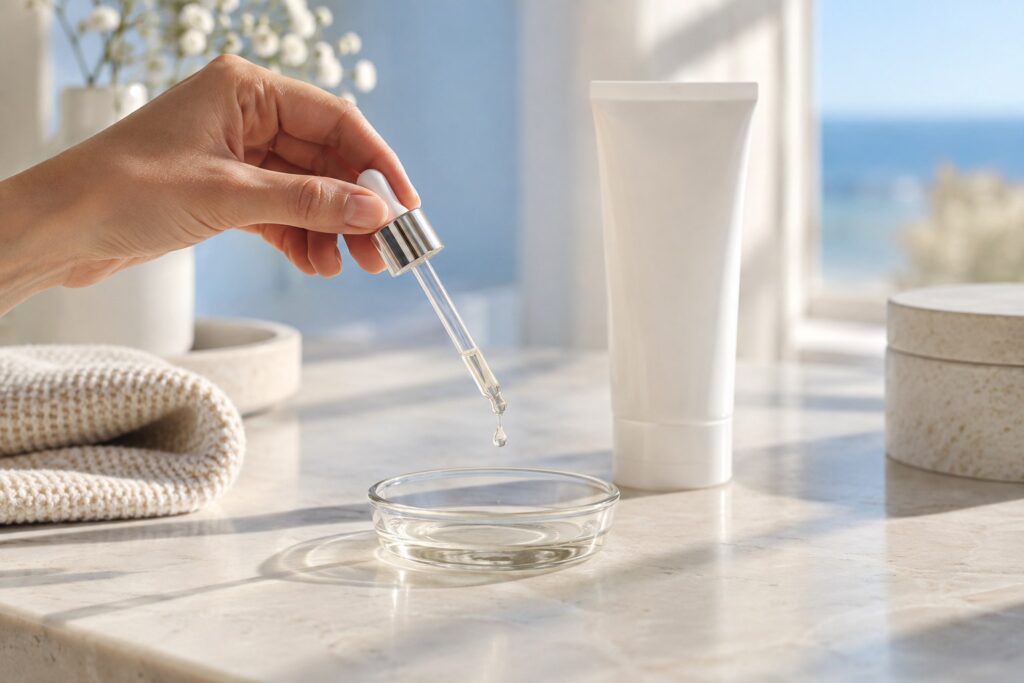 A hand holding a pipette above a transparent dish, next to an unbranded skincare tube.