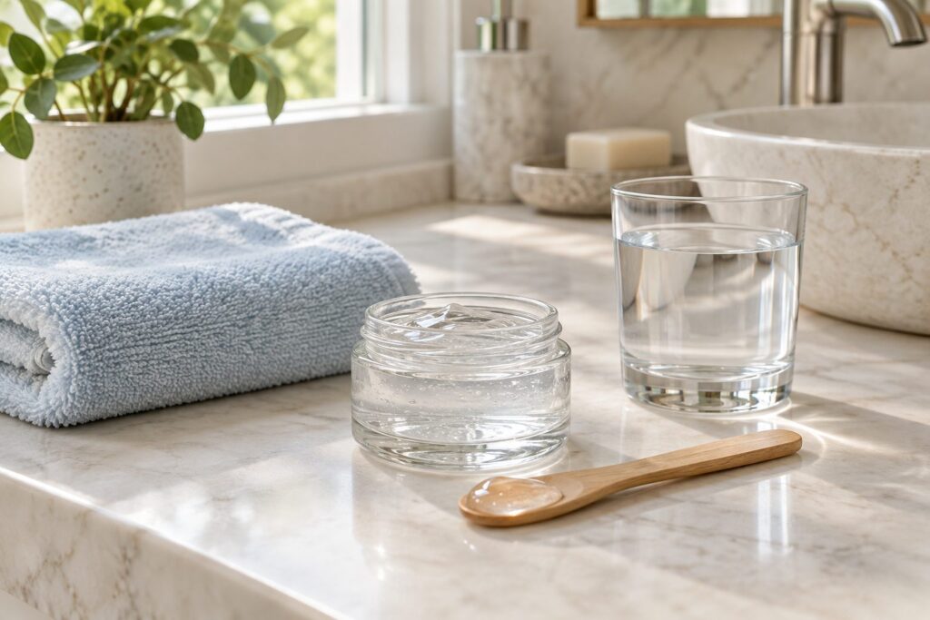 Pot de gel transparent, spatule et serviette pour préparer un soin corps.