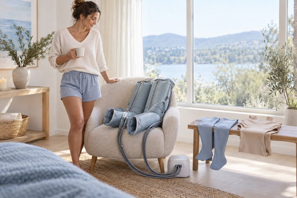 Femme dans une pièce lumineuse, avec une gaine pliée et des bas de compression près d’un fauteuil équipé de bottes pneumatiques.