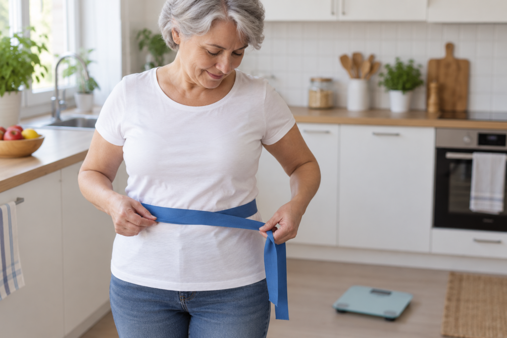 Femme passant un ruban de tissu uni autour de la taille, dans une cuisine