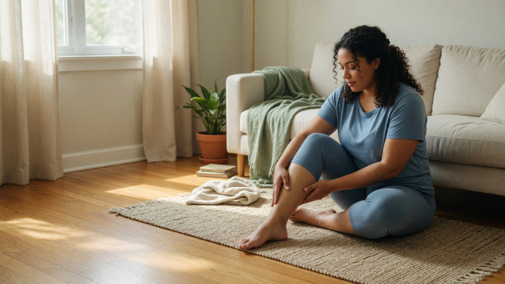 Femme assise sur un tapis dans un salon lumineux, les mains posées sur sa jambe comme pour la masser.
