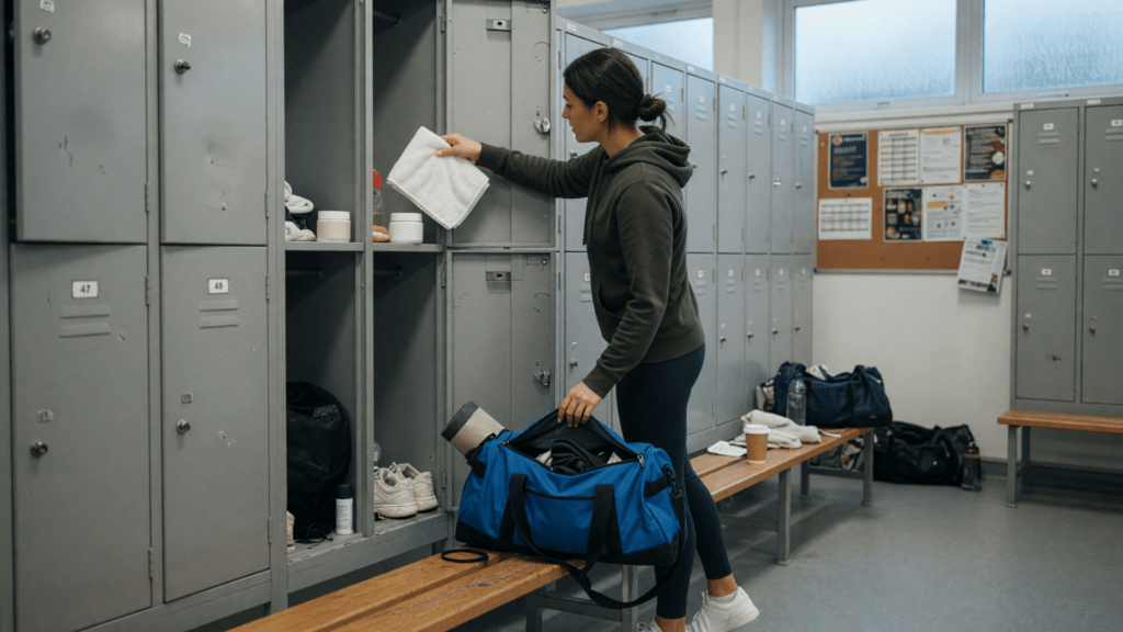 Femme préparant son sac dans un vestiaire de salle de sport, avec une serviette à la main et des vêtements de sport rangés dans le sac.