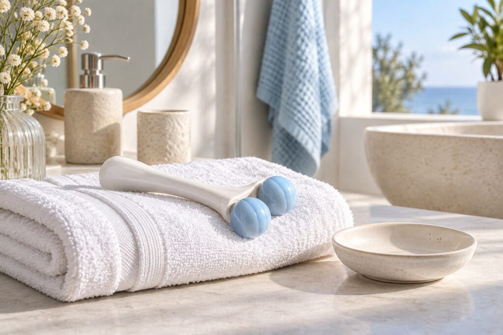 Rouleau micro-peeling posé dans un espace de salle de bain lumineux et propre