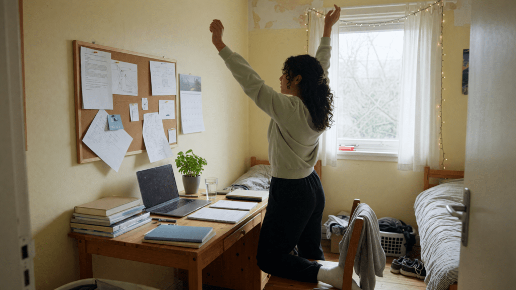 Une étudiante lève les bras pour s’étirer près de son bureau de révision, un genou posé sur une chaise, dans une chambre éclairée par une fenêtre.