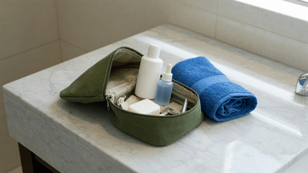 Une trousse de toilette verte ouverte contenant deux flacons sans étiquette, un savon et de petits accessoires, à côté d’une serviette bleue roulée sur un comptoir clair.