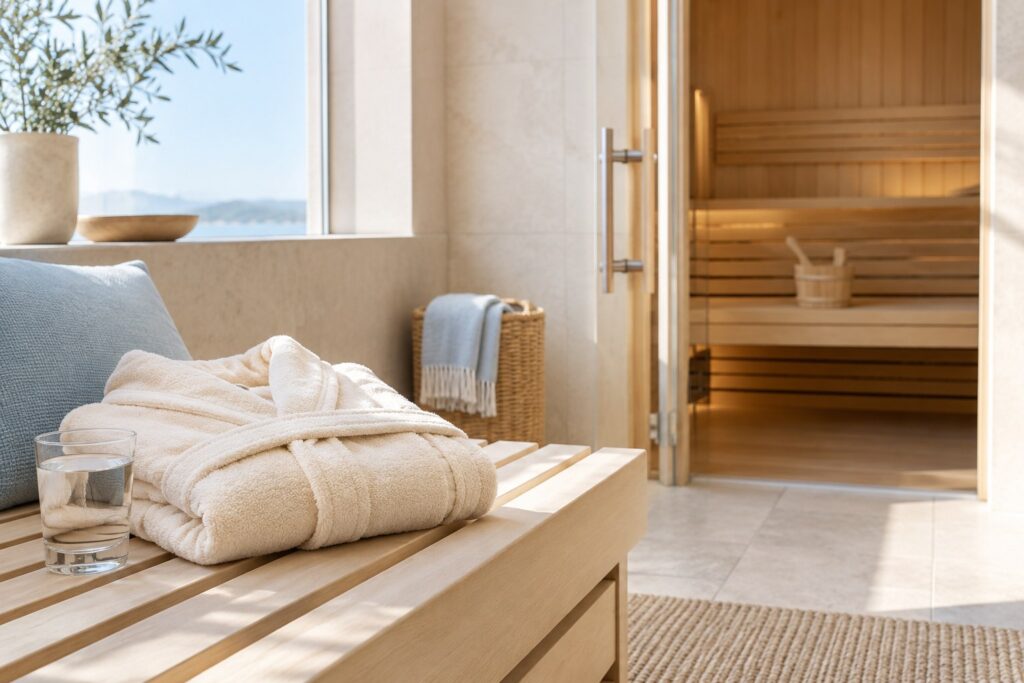 Peignoir en coton plié et verre d’eau près de la porte ouverte d’un sauna vide.