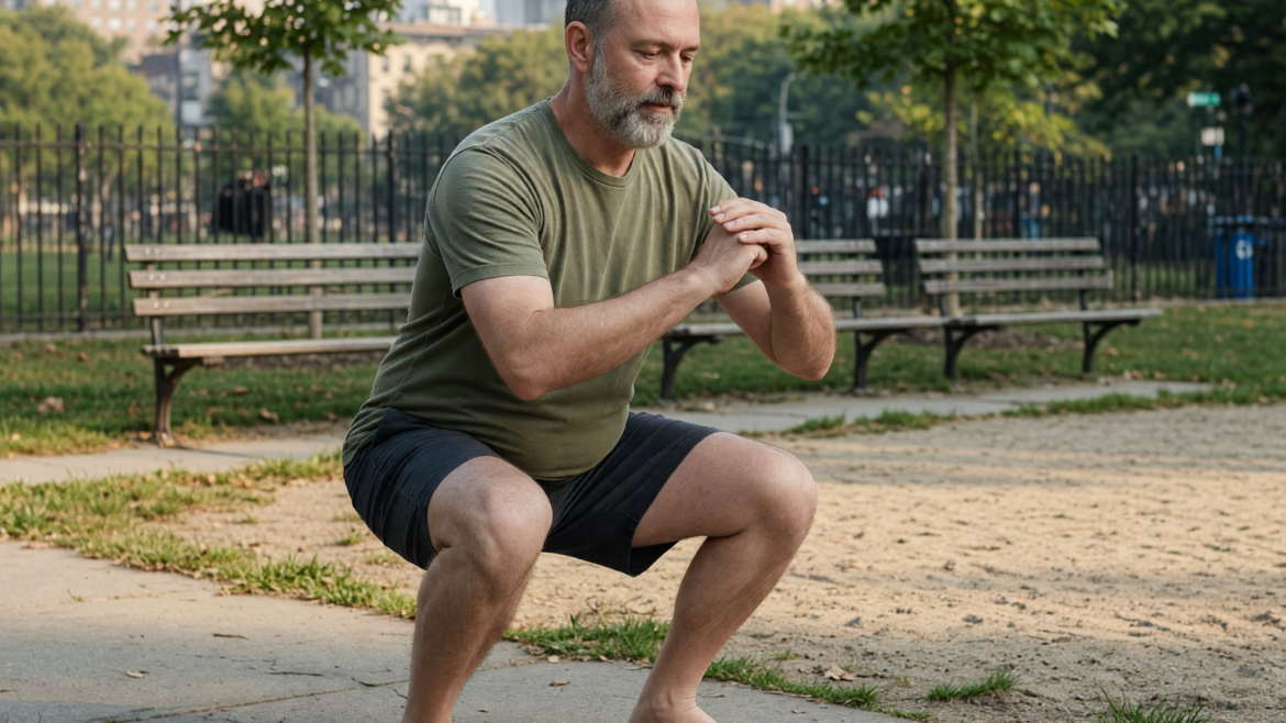 Un hombre con barba hace una sentadilla en un parque, con una camiseta verde.