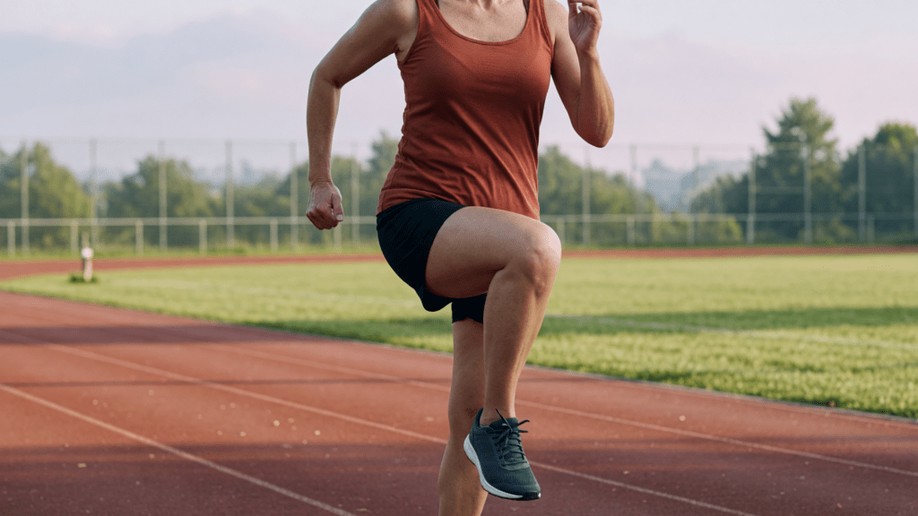 Une femme aux cheveux gris fait des montées de genoux sur une piste d'athlétisme.