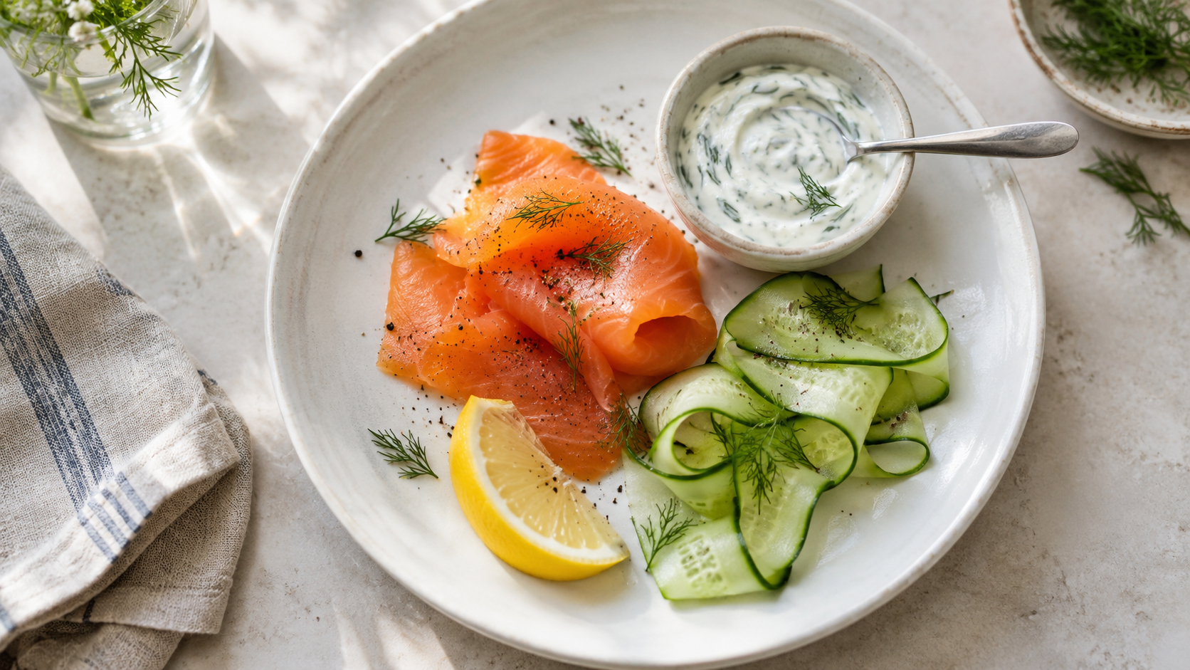 Une assiette de saumon fumé avec du concombre, du citron et une sauce aux herbes.