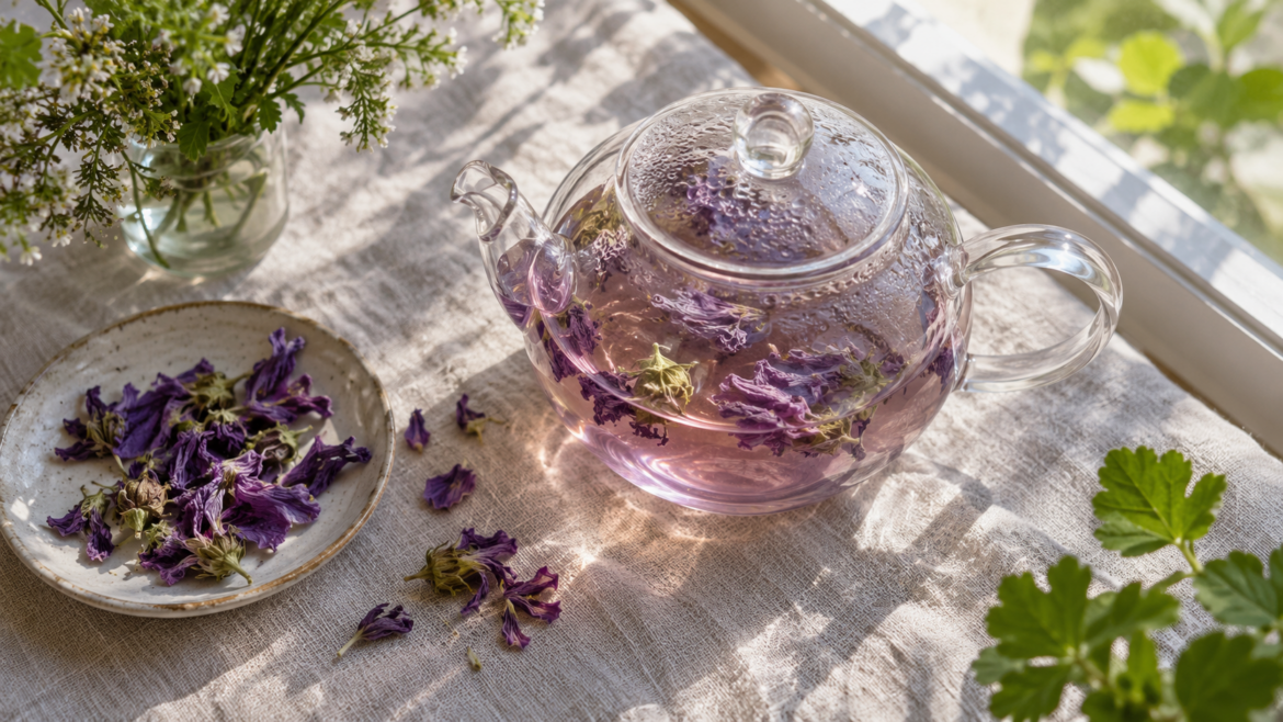 Um bule de vidro com uma infusão rosa e flores secas, junto a uma janela.