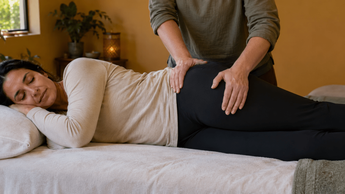 A woman in a beige shirt and black leggings lies on her side while two hands massage her hip.