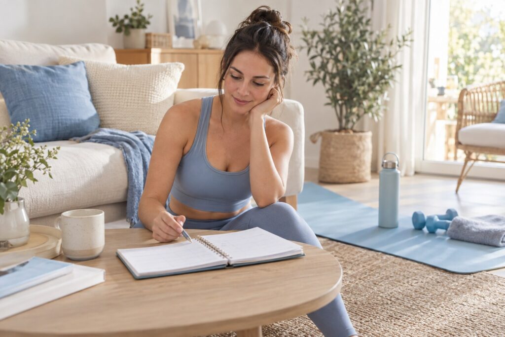 Une femme en tenue de sport consulte son agenda dans un salon lumineux, près d’un tapis déroulé.