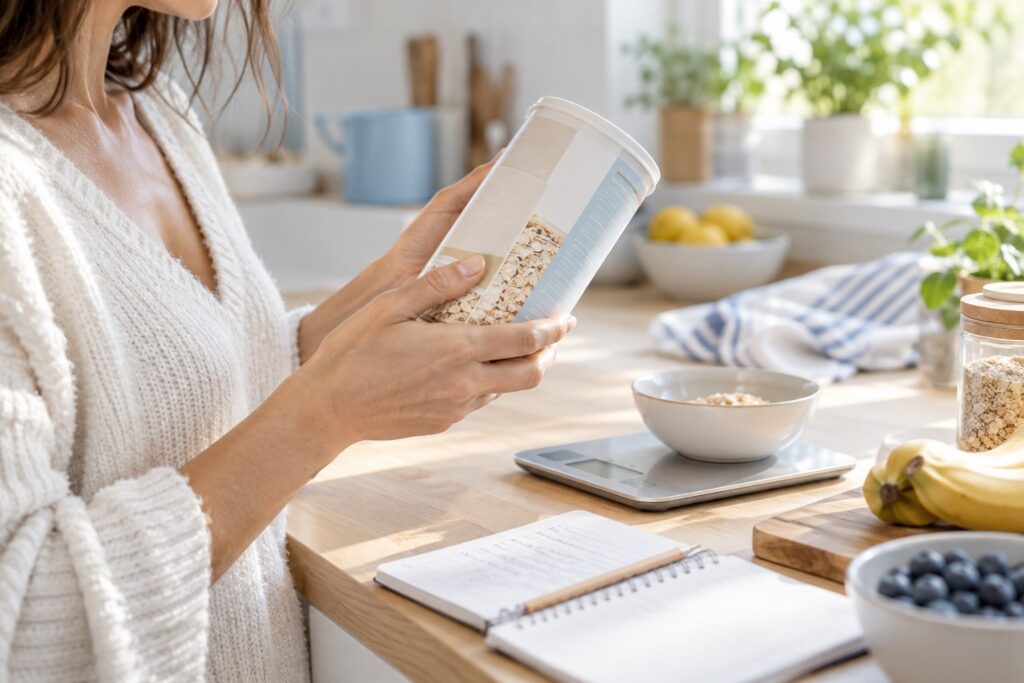 Mains consultant une étiquette alimentaire neutre près d’un carnet de calcul et d’une balance de cuisine.