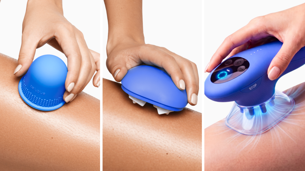 Trois outils Cellublue utilisés sur la peau : ventouse manuelle, masseur à picots et ventouse électrique.