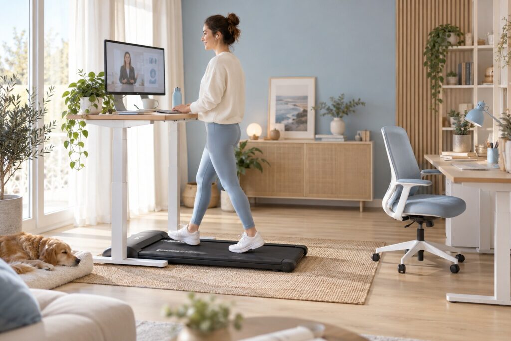 Une femme marche sur un tapis sous un bureau réglable, avec une chaise à côté dans un espace lumineux.