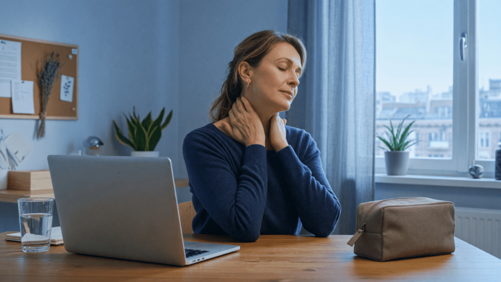 Une femme se masse doucement la nuque à son bureau pendant une pause de télétravail, avec un ordinateur portable et un verre d’eau devant elle.