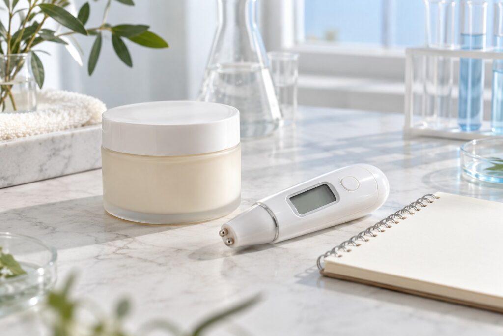 Illustrative skin measurement device, unbranded skincare jar and blank notebook on a table.