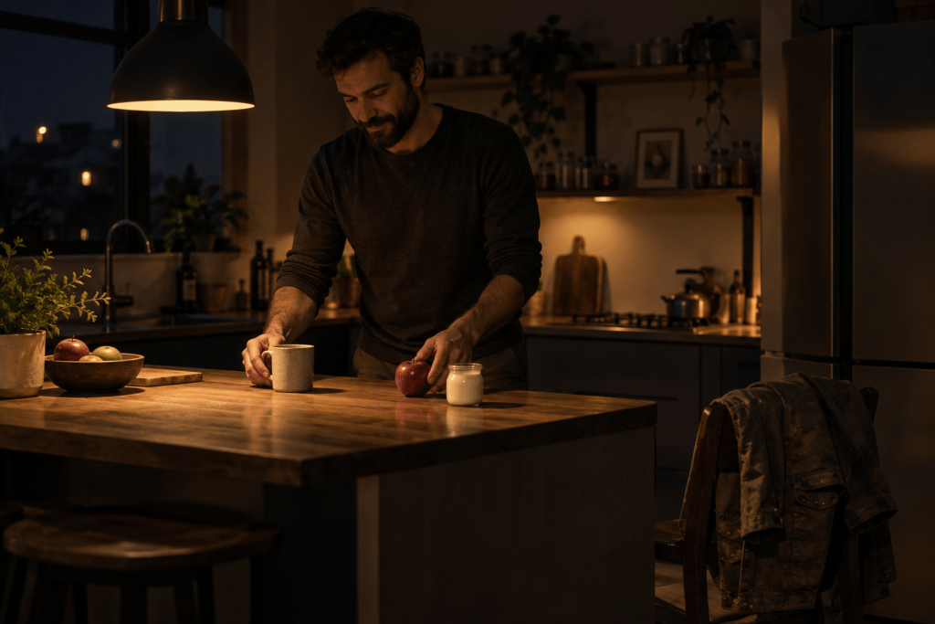 Homme dans une cuisine la nuit, tasse, pomme et pot de crème sur le plan de travail