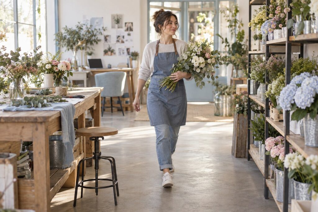 Une fleuriste adulte marche entre deux plans de travail dans un atelier lumineux.